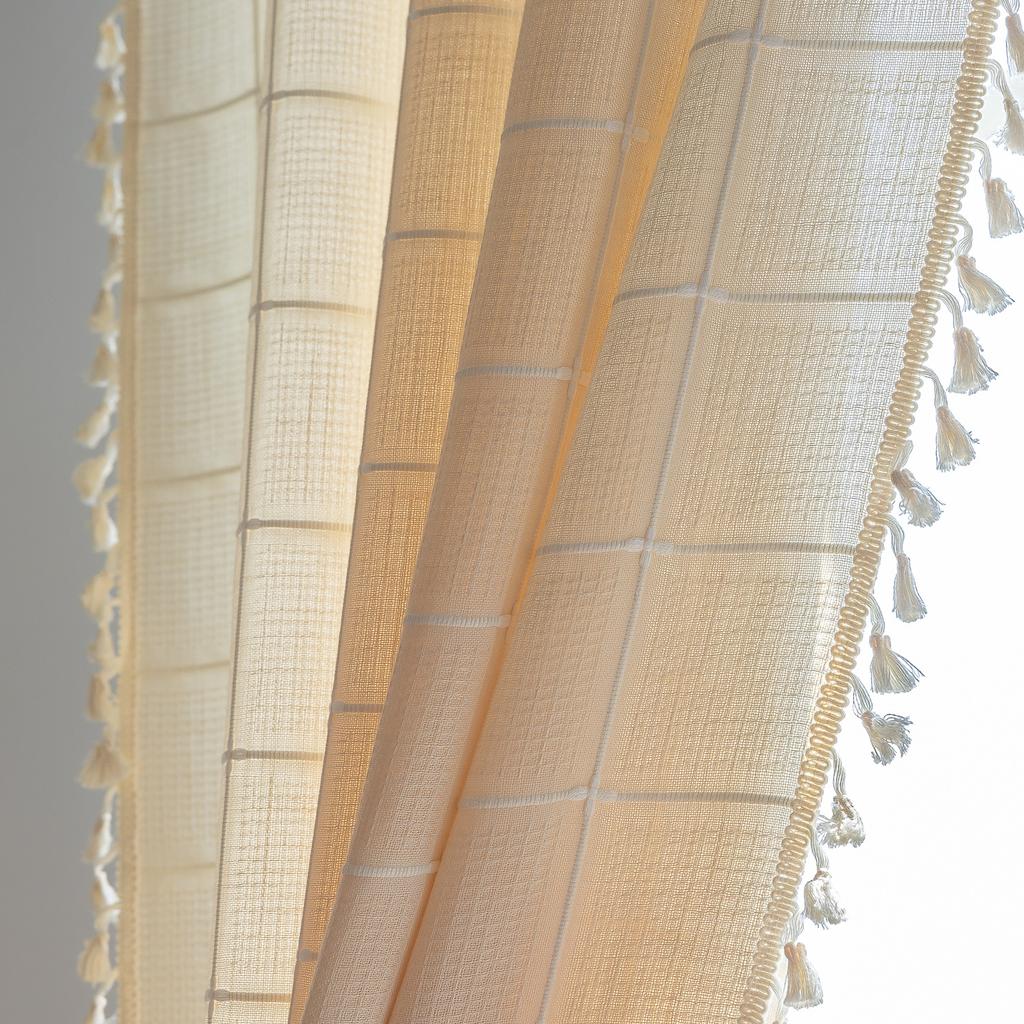 Tenda Plaid Vintage Americana con Nappe Semi Oscurante Cotone Lino Tasca per Asta Soggiorno Balcone Cucina Finestra a Golfo Protezione UV Arredamento Boho Rustico