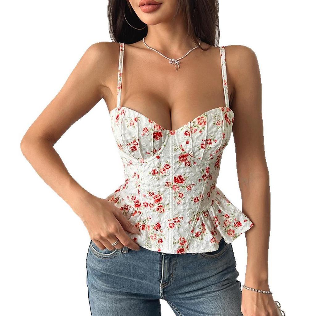 Sexy Floral Print Backless Tie-Up Bandeau Top Ruffles Slimming Spaghetti Strap Spring Summer Women's Y2K Fashion Tops