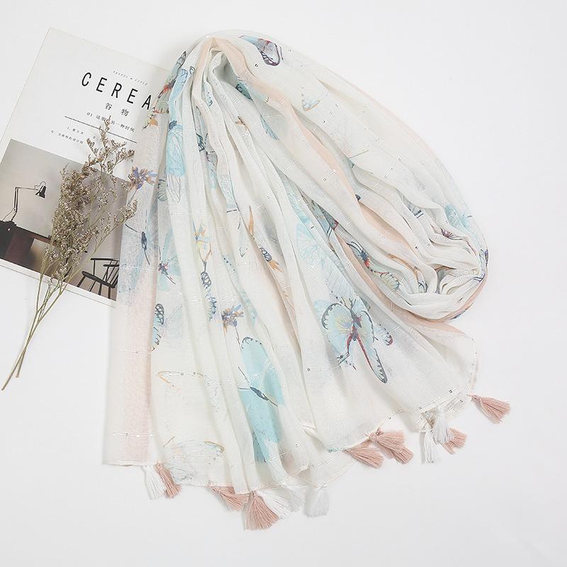 Small fresh medium and retro blue and white porcelain cotton and linen feel scarf, Bali yarn silk scarf, blue flower shawl women