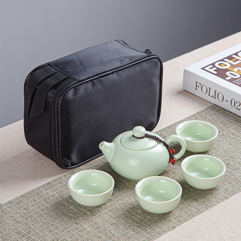 Tragetasche, Reise-Kung-Fu-Teeset, Keramik-Xishi-Kanne, eine Kanne, zwei Tassen, Vierteiliges Set, kreatives Geschenk-Souvenir