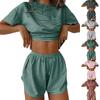 Women's Pajama Set Short Sleeve Striped Printed Two-piece Loungewear  Neck Pajamas Split Shorts Set Soft Sleepwear
