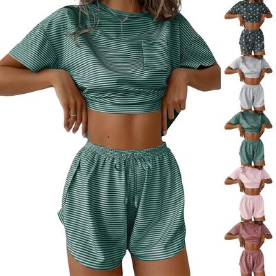 Women's Pajama Set Short Sleeve Striped Printed Two-piece Loungewear  Neck Pajamas Split Shorts Set Soft Sleepwear