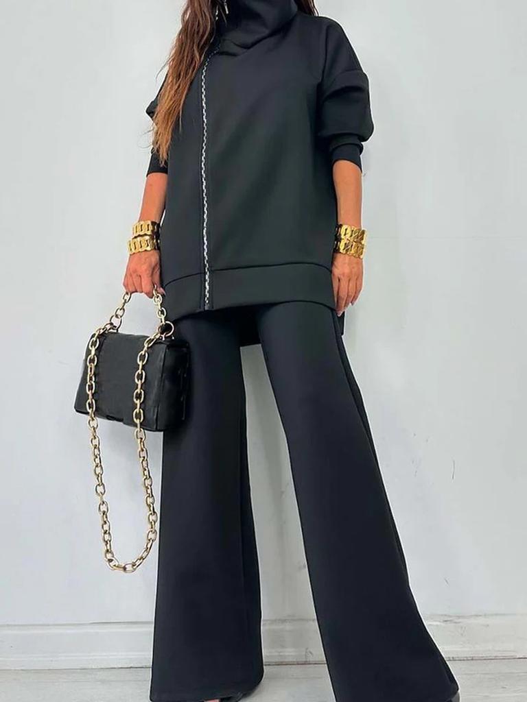 New Women's Fall/Winter Solid Casual Loose Fit Zip-Up Sport Shirt & Wide Leg Pants Set