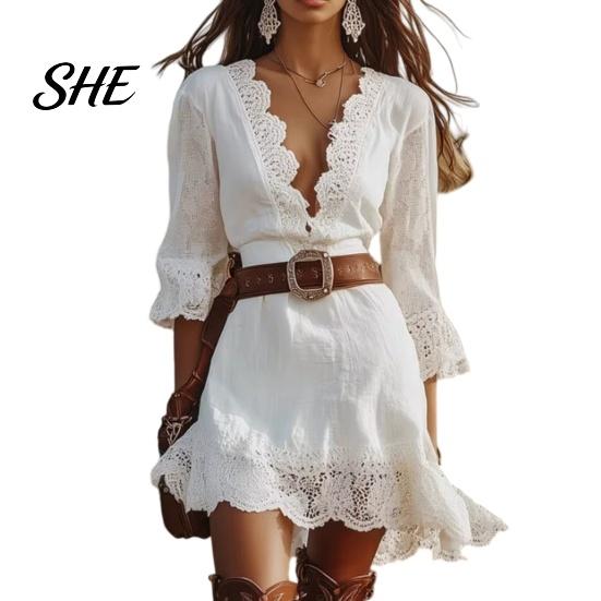 Solid Color Dress Women s Lace Trim Mini Dress, Deep V-Neck 3/4 Sleeve Casual V-neck Short Skirt Summer High Waist A Line Boho Sundress Lightweight S