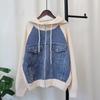 Autumn and winter new hooded splicing denim sweater jacket zipper knitted double-sided cardigan women
