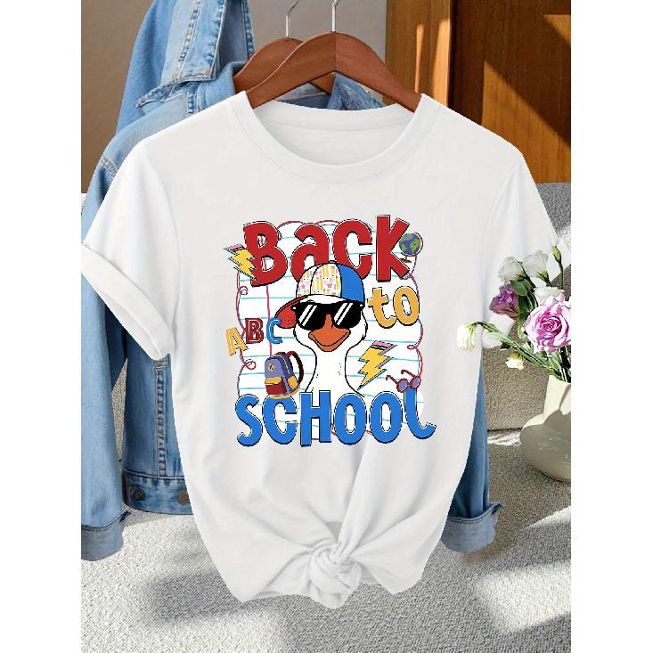 Back-to-School Season Fashionable and elegant style BACK TO SCHOOL Patterned Print Round Neck Short Sleeve T Women's shirts for spring
