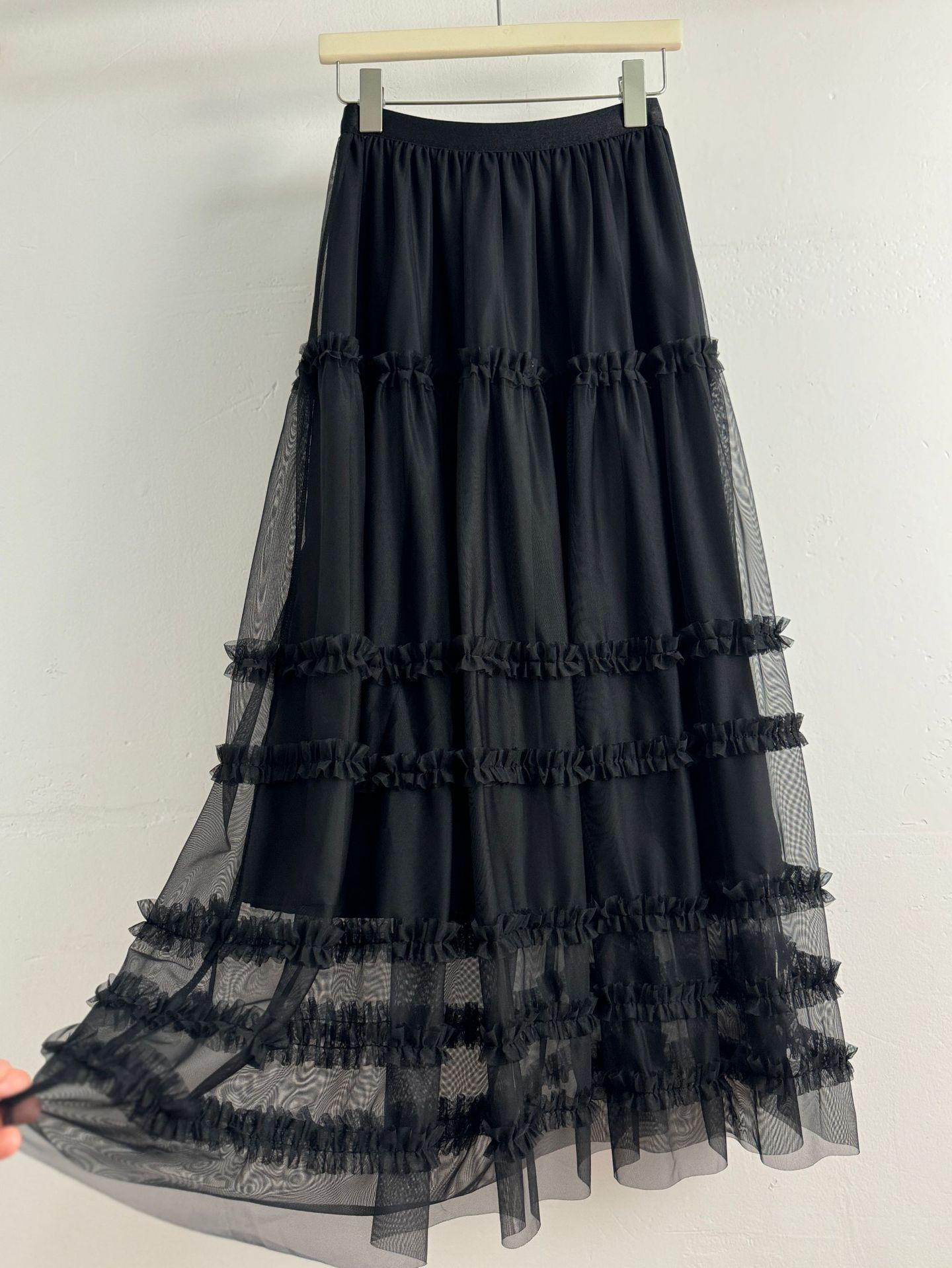 

Elegant Patchwork Ruffle Hem Midi A-line Skirt - Slimming, Versatile & Commuter-friendly One Size чорний