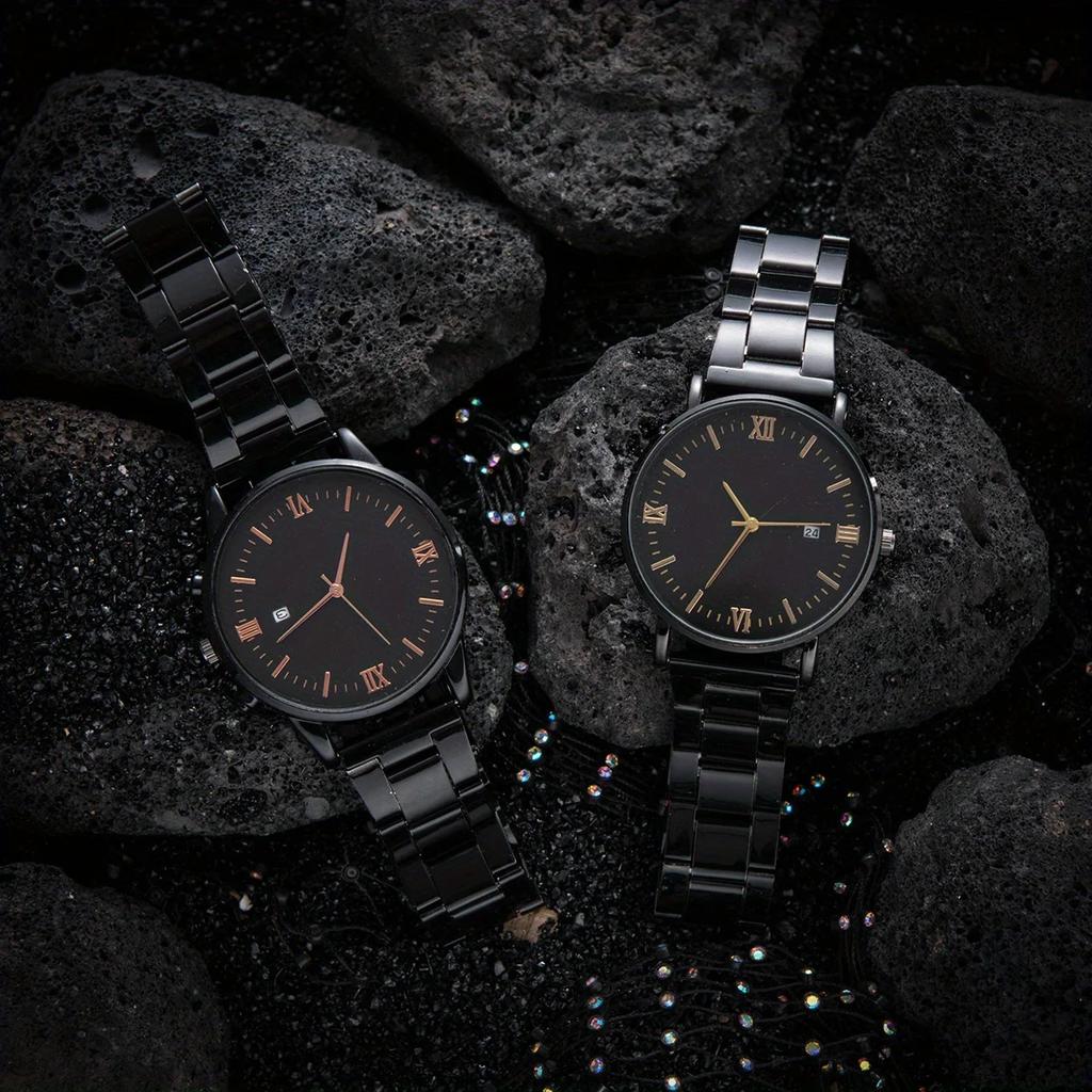4pcs-Trendy Cross Hip Hop Jewelry Chain Ring Bracelet Necklace Three Piece Set+Casual Quartz Watch, Ring Bracelet Necklace Watch