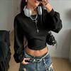 Damen Langarm Crop Top Hoher Hals Raffung Vorne Lässig Einfarbige Streetwear Pullover