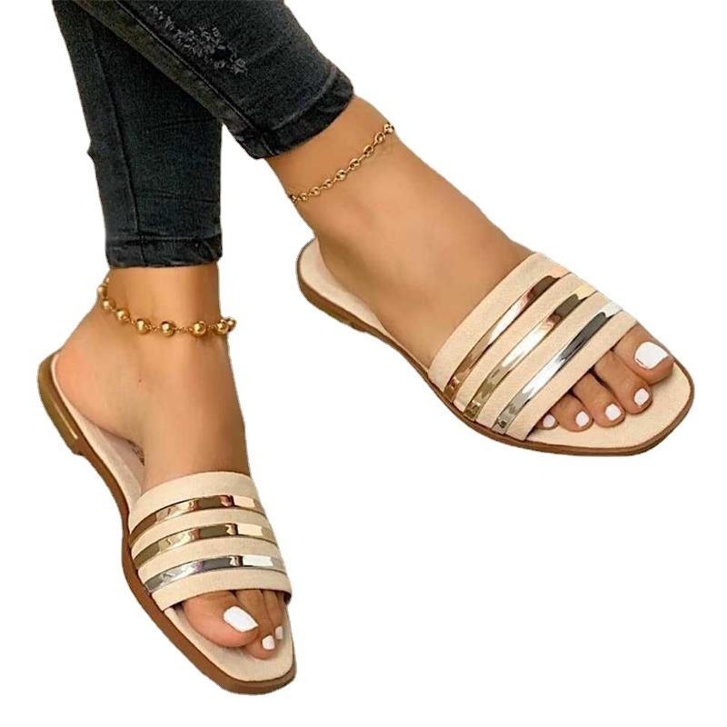 Wish suede one-word slippers women's summer new flat-bottomed large-size outer wear sequined cool slippers