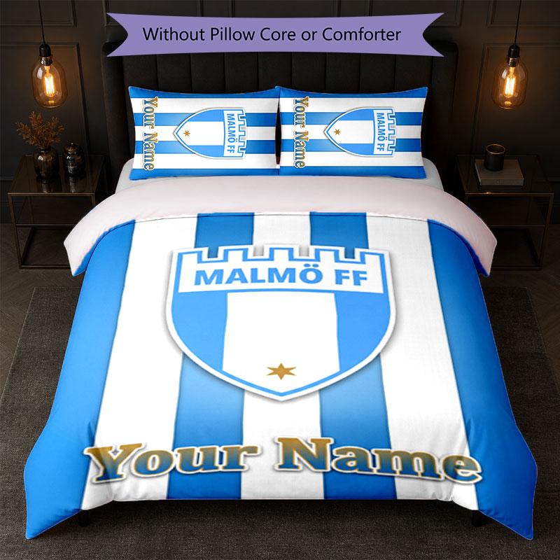Malmö FF Custom Name Text Bedding Set 1 Duvet Cover+2 Pillowcases Soccer Logo Personalized Gift For Special Occasion Bedroom Decor