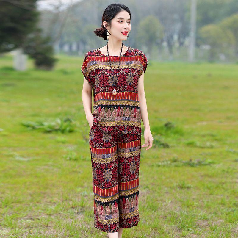 Cotton Silk Two Piece Set Womens Summer Outfit Loose Short Sleeve T-shirt and Pants Casual Trendy Plus Size