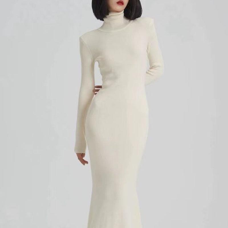 Soft, Gentle High-Neck Knitted Fishtail Sweater Dress with Long Sleeves