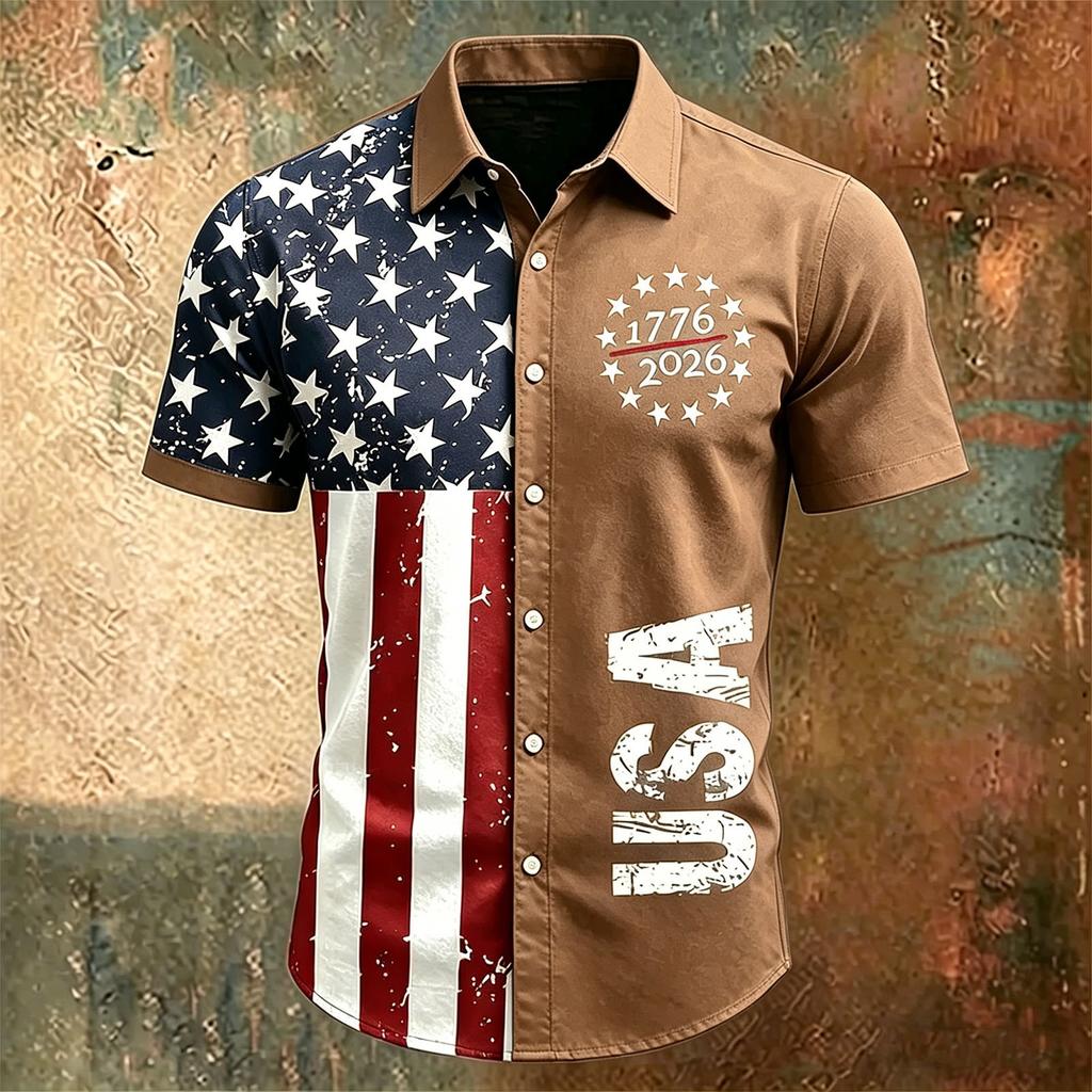 Men's Short Sleeve Collared Casual Shirt with USA Letter Print and Independence Day Theme Button Down Design for Spring Summer