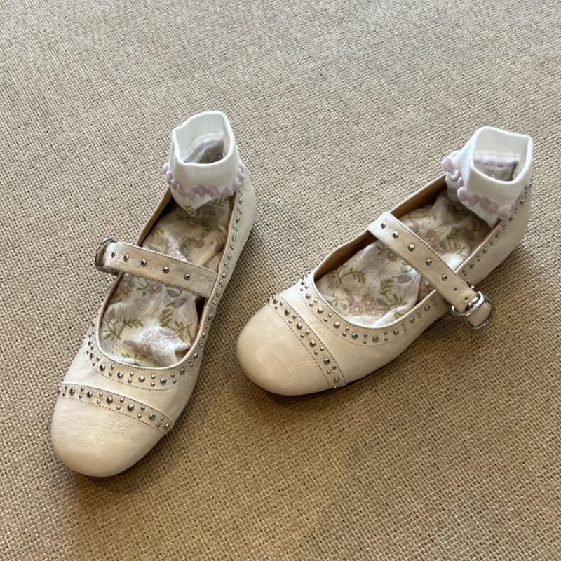 Sheepskin Version~ Round Head Rivet Mary Jane Women's Shoes Shallow Mouth One-word Buckle Single Shoes Versatile Flat Ballet Shoes