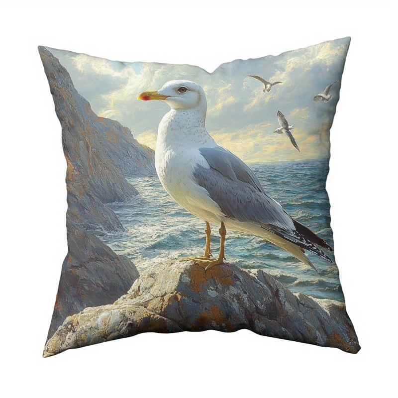 1pc, Coastal Seagull And Waves Print Pillowcase 45.72X45.72 cm - Soft Short Plush Decorative Pillow Cover, Smooth Polyester Short Plush Fabric, Single