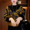 Velvet Color-Blocked Flock Fabric Shirt with Rhinestone Accents - Autumn/Winter Loose Fit.
