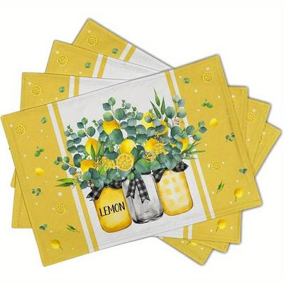 4pcs/1 Set Linen Placemats, Lemon Floral Pattern Placemats, Table Decor, Home Decor, Party Catering Decor, Holiday Placemats, 12x18 Inch Placemats.