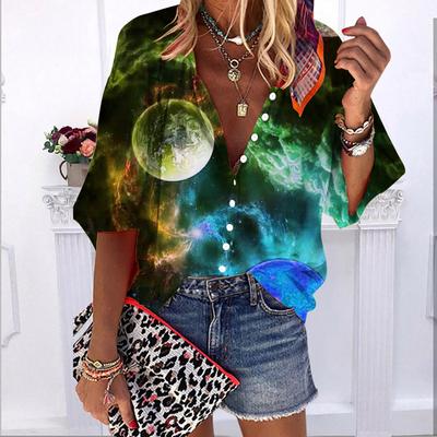Novedad Moda Verano Otoño 2023 Tops para Mujer Estampado Cristal Tierra Manga Corta Casual Talla Grande Camisa de Botones con Mangas Abullonadas