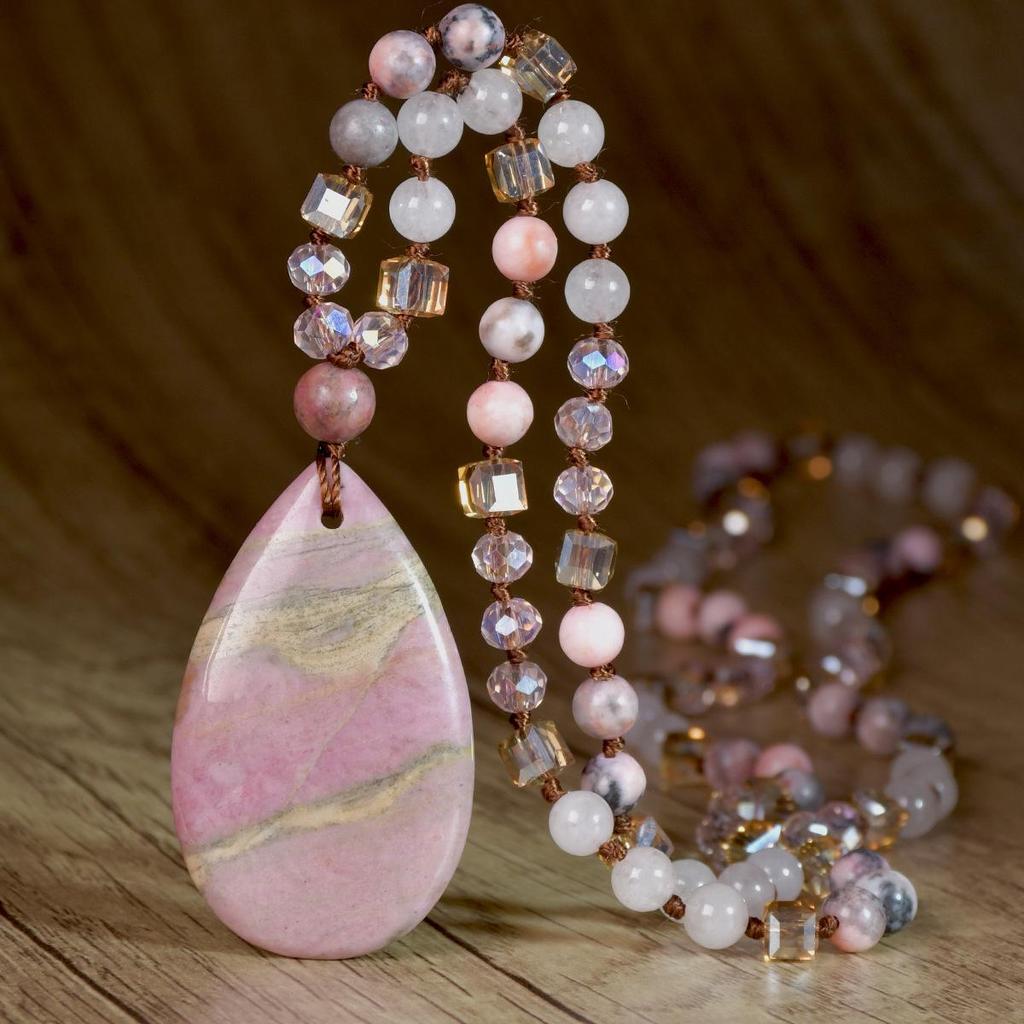 Women's Pink Crystal & Colorful Agate Water Drop Necklace: Handmade Knotted Sweater Chain with European and American Style