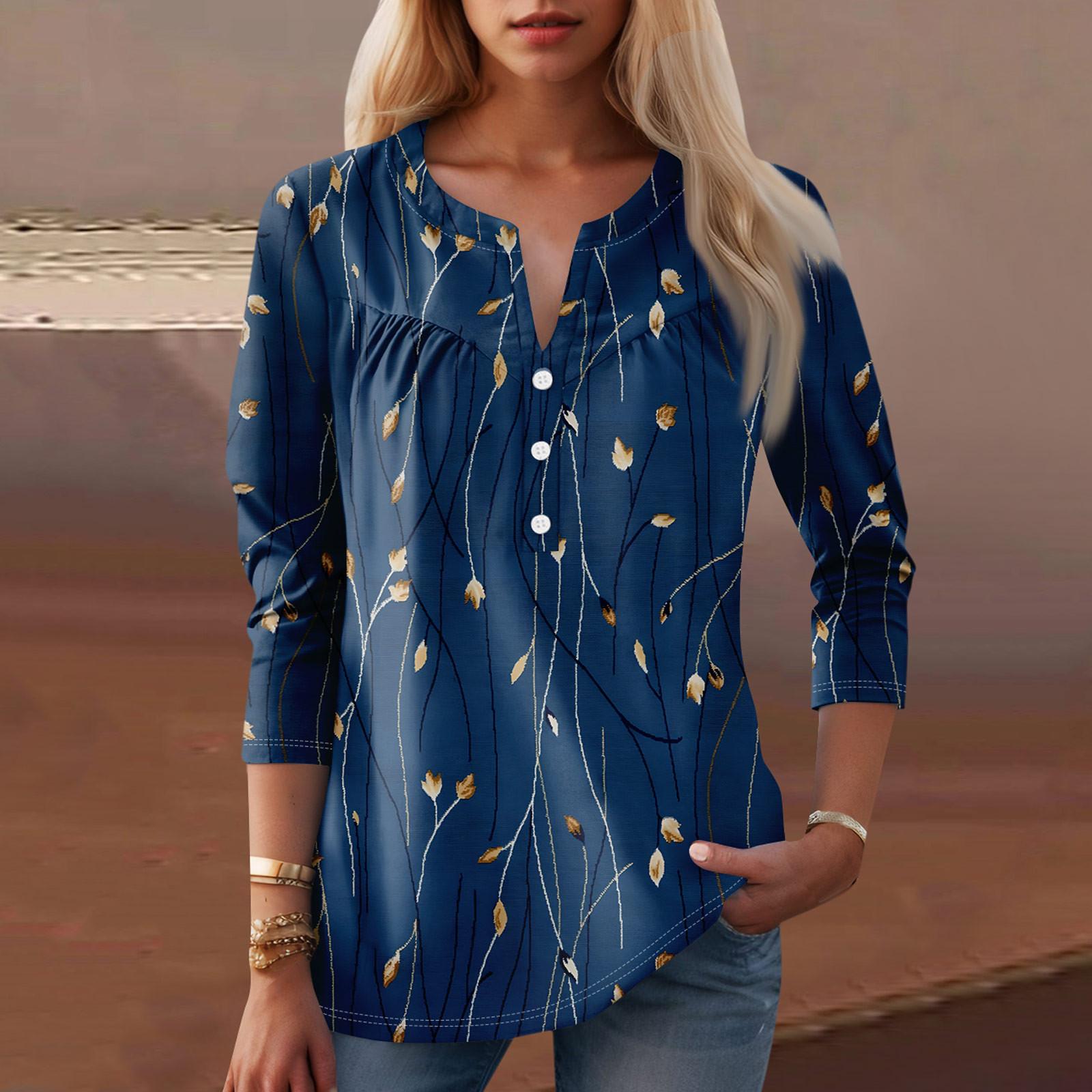 

Жіночий модний повсякденний топ з V-подібним вирізом і квітковим принтом з рукавом три чверті L