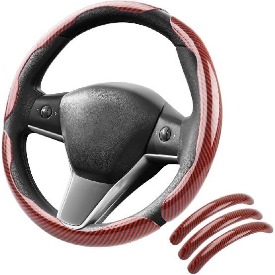 Carbon Fiber Steering Wheel Cover 3PCS, Non-Slip Grip For Universal Cars,Fit For 14–16 Inch Wheels, Interior Accessories For Cars Trucks (Red)