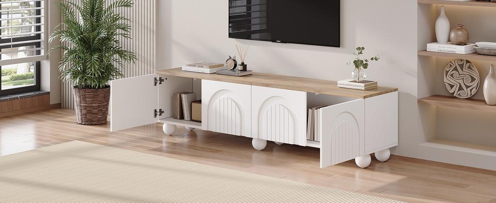 180*40*45cm TV Cabinet with 4 Cabinets, TV Cabinet with 6 Ball-Foot Metal Legs, Suitable for TVs around 80 Inches, Wood Color+White