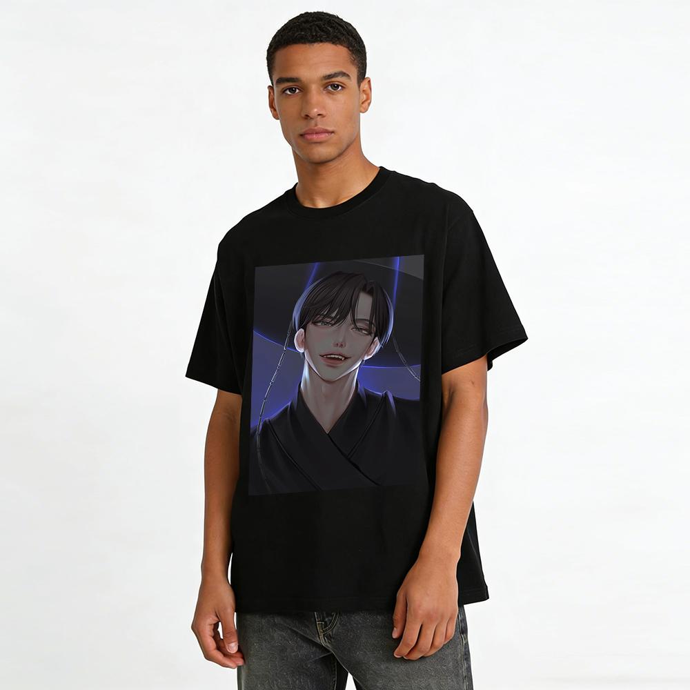 Dark Style Chinese Style Fanged Handsome Guy Print Casual Top Trendy Anime Unisex Loose T-Shirt Pure cotton T-shirt