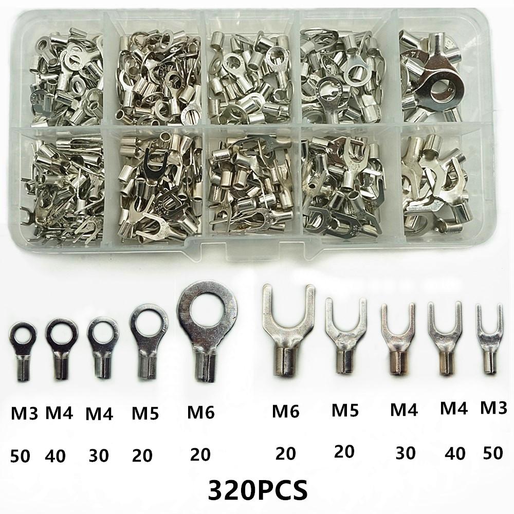 320Pcs/Box Terminals Non-Insulated Ring Fork U-type Brass Terminals Assortment Kit Cable Wire Connector Crimp Spade