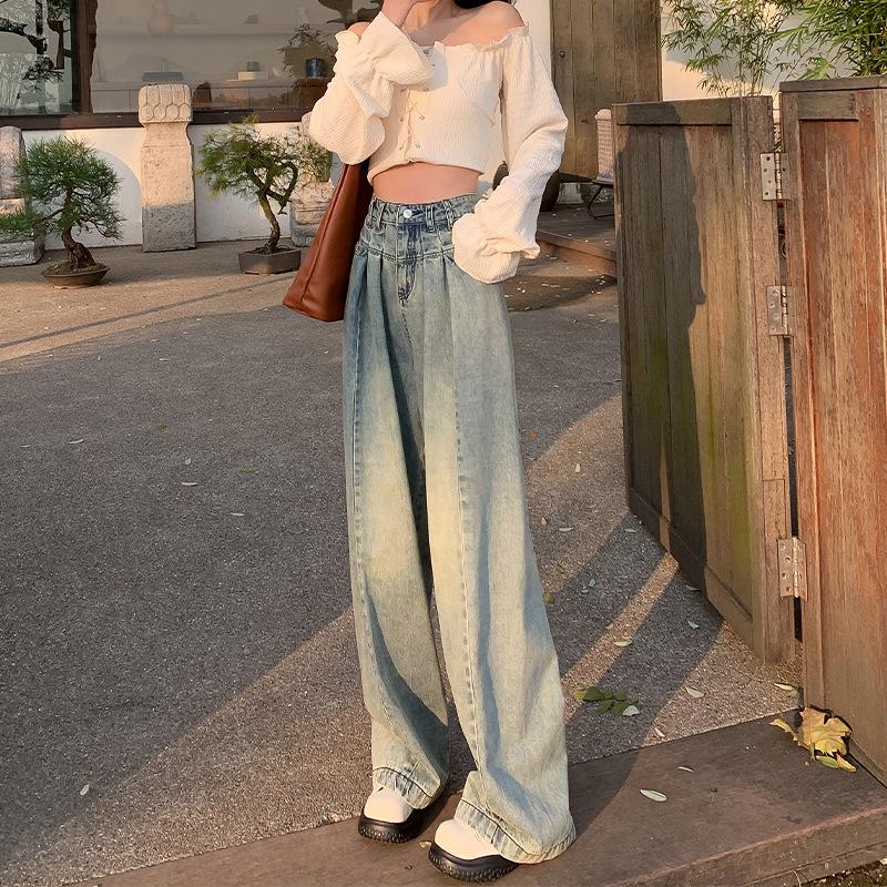 Women's High Waist Distressed Retro Jeans: Wide-Leg, Slim Drape Trousers for Spring and Autumn