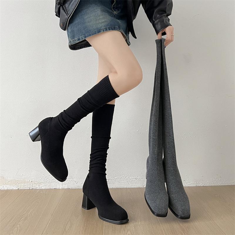 Fashion Versatile Retro Square Head Thick Heel Heightened Boots 2025 Autumn and Winter New Simple Pearl Fashion Boots and Socks Boots