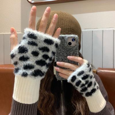 Leopard Print Fingerless Gloves Women Fuzzy Warm Mittens with Thumb Hole Winter Fluffy Gloves for Girls Typing Writing Texting