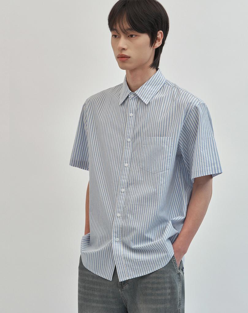 WORK ON BODY OFF Linea Semi-Overfit Striped Short Sleeve Shirt [Light Blue]