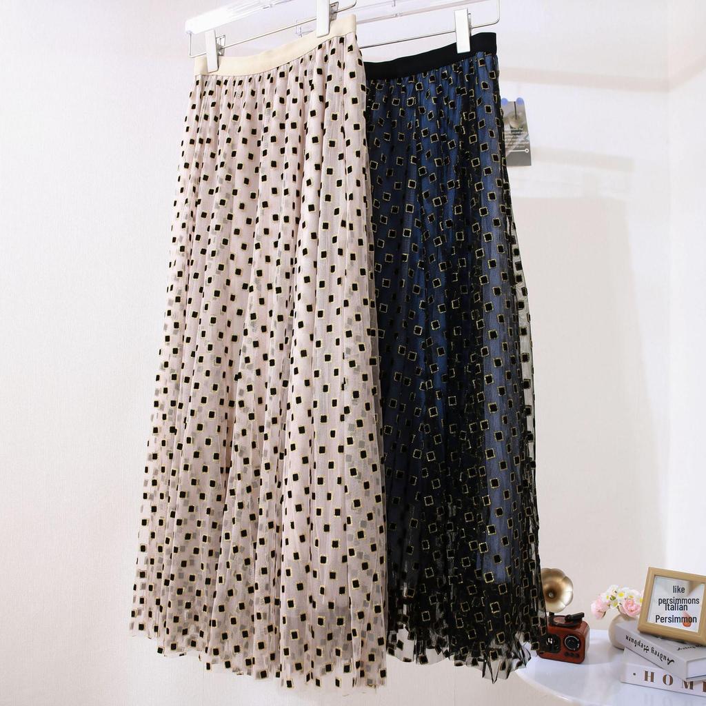 Dames Fluwelig Gaas Hoge Taille Rok - Lente/Herfst 2025 Middellange Gelaagde Rok