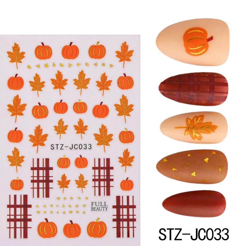 1 Blatt Herbstblatt Karomuster Linie Klebe-Slider Niedliche Kürbis-Nagelsticker Abziehbilder Herbst Erntedankfest Nageldesign Zubehör