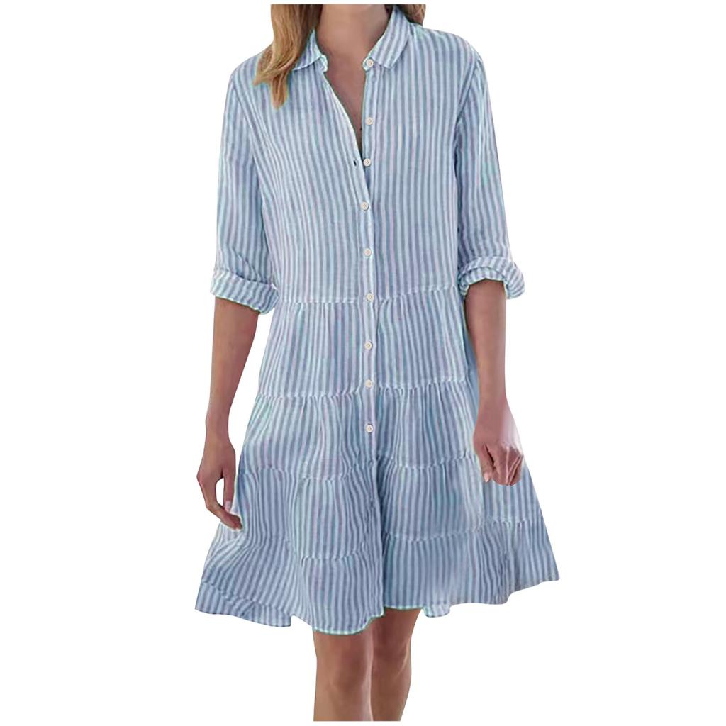 Y2K Women Striped Long Sleeve Mini Dresses Commuter Lapel Single-Breasted Shirt Dress Fashion Hem A-Line Party Dress