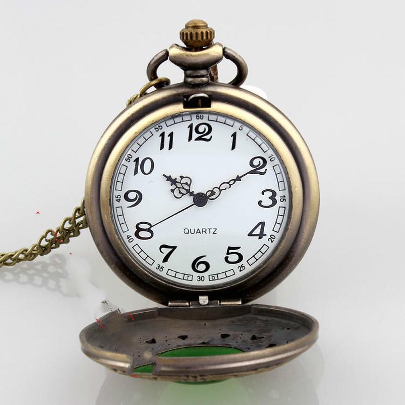 Bronze Hollow Imitation Jade Stone Necklace Pendants Decorated Dan Green Chian MenWomen Pocket Watch