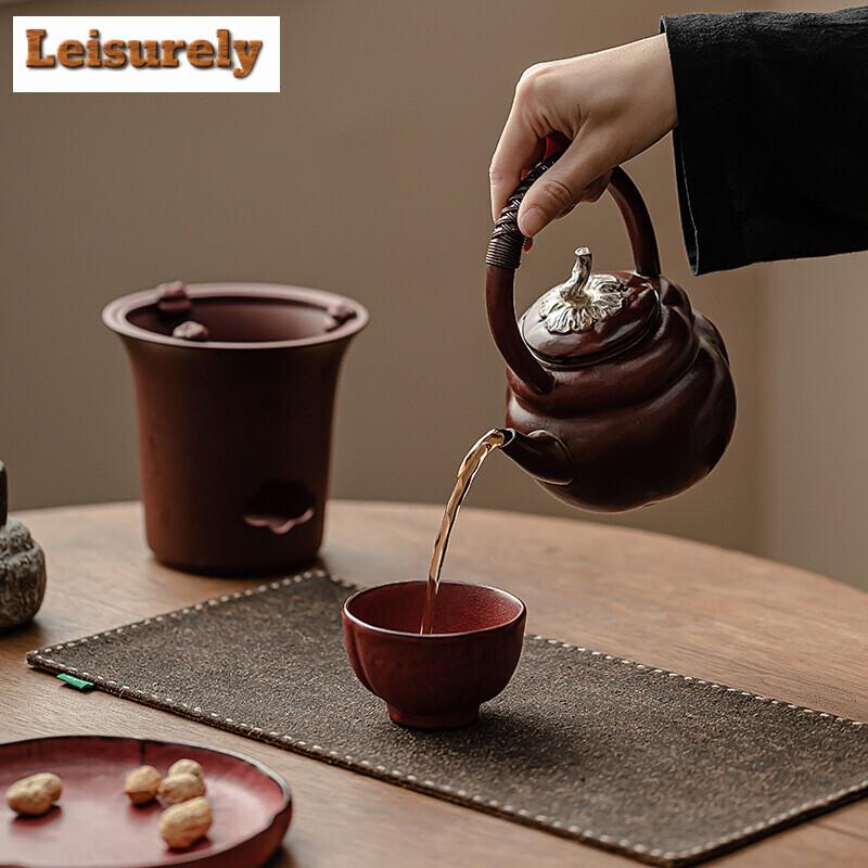 Zhiye Braised Persimmons Red Ruyi Boiling Tea Pot Set Retro High-handled Pot Alcohol Lamp Warmer Cooking Stove Infusions Teapots