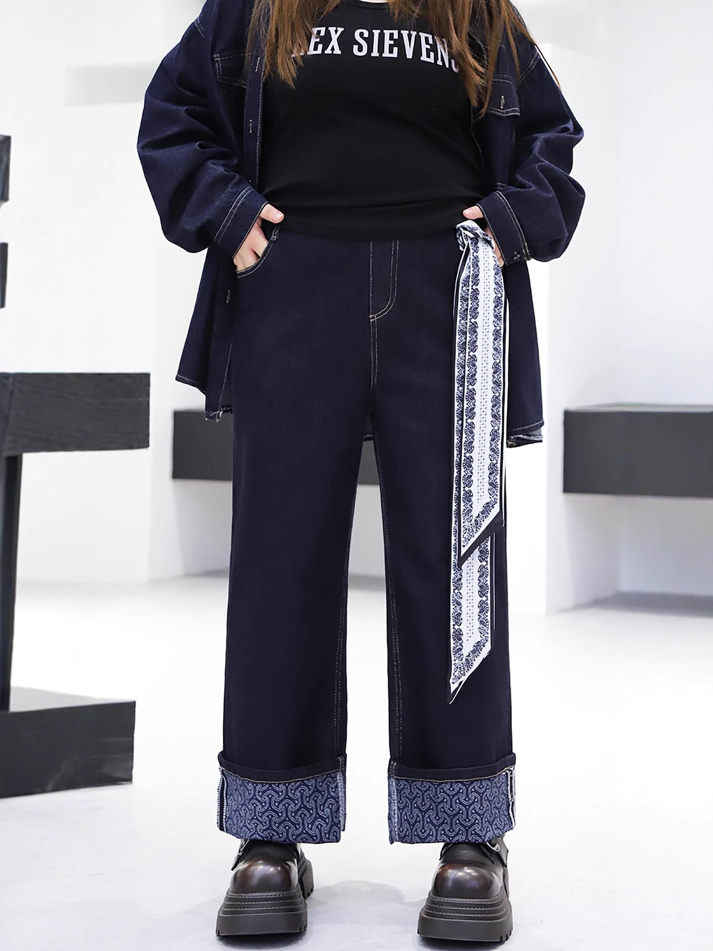 

Женские ретро джинсы с высокой талией, стройнящие, прямого кроя, больших размеров, осенняя коллекция с акцентом в виде завязанного шарфа 6XL (for 180-210 jin) джинсовый синий