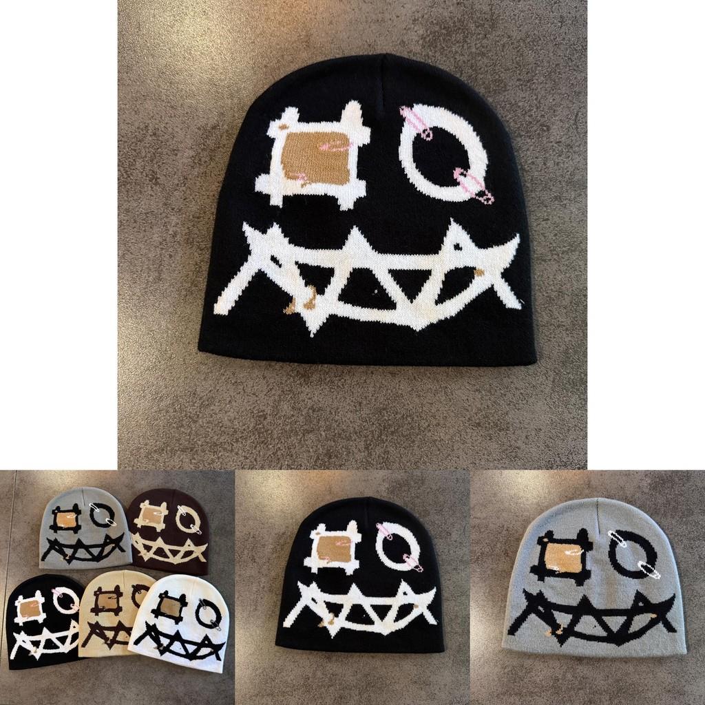 Knit Beanie With Demon Face Embroidery For Halloween And Winter Warmth