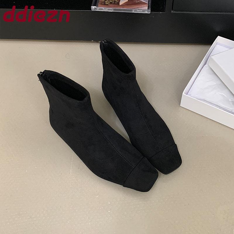 Fashion Fashion Flock Women Ankle Boots Flats Shoes Female Square Toe Ladies Flats Short Boots Shoes With Zippers Footwear