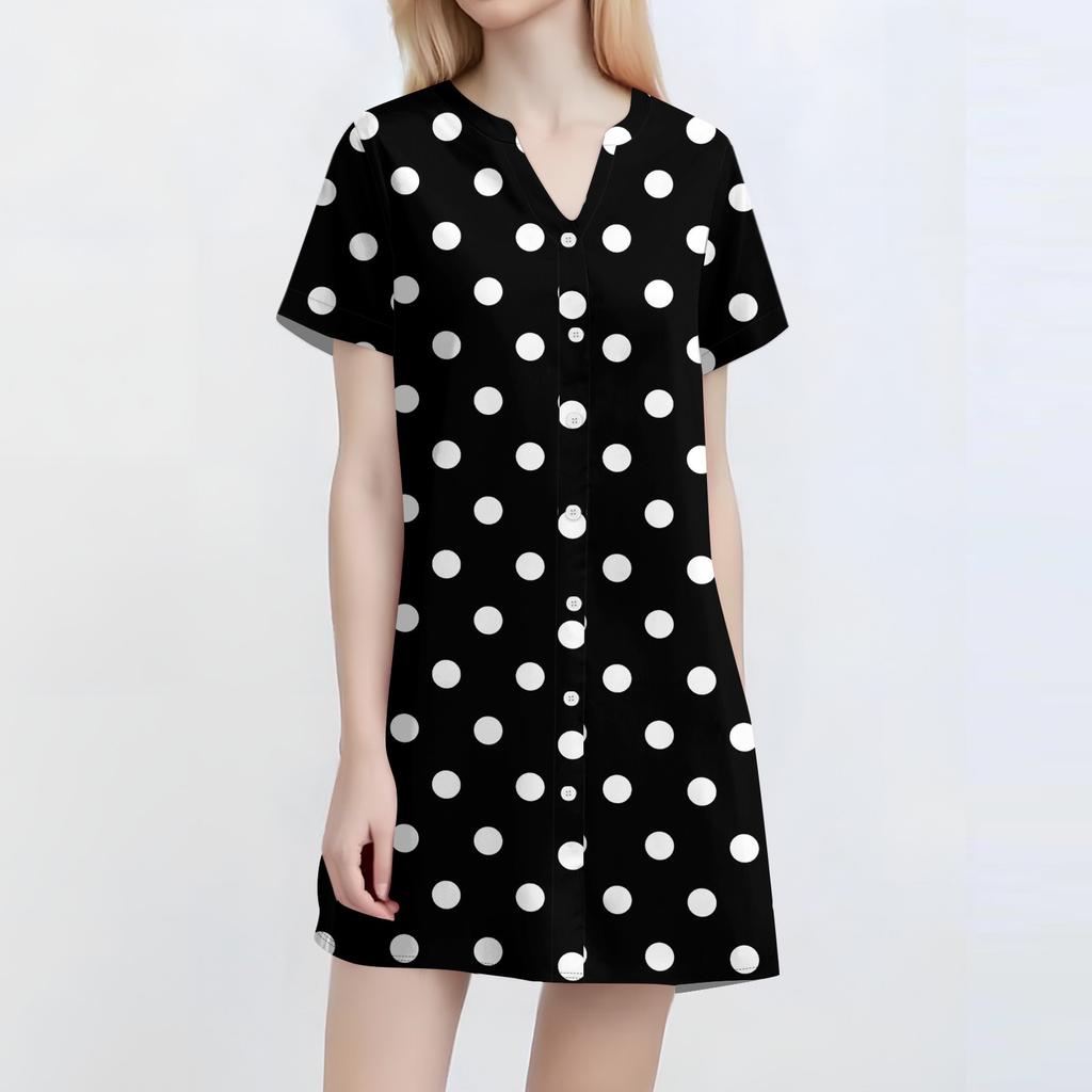Women's Fashion Casual V-neck Short-sleeve Button Check, Tie-dye, Polka Dot Print Dress