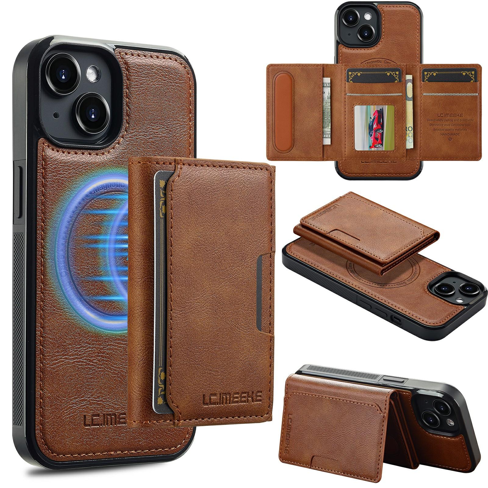 

For iPhone 15 Magnetic Phone Case Leather Back Cover with Detachable Card Holder Brown