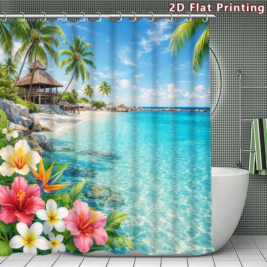 4Pcs 2D Flat Tropical Beach Shower Curtain Set with Non-Slip Bath Mat, Toilet Lid Cover, Contour Rug & 12 Hooks, Bathroom Decor