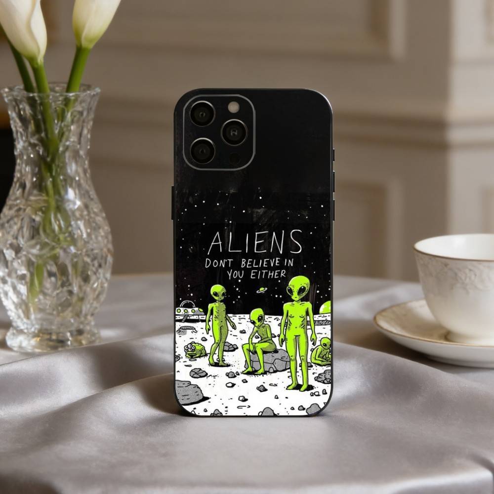 Funny S-Space UFO A-Alien T-Thing Phone Case For iPhone 17,16,15,14,13,12,11 Plus,Pro Max,XS,Soft Silicone Black Cover