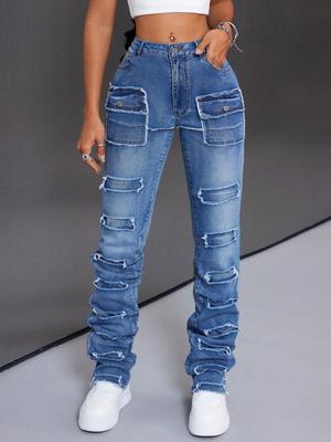 European & American Women's Versatile Medium-Elastic Denim Work Pants