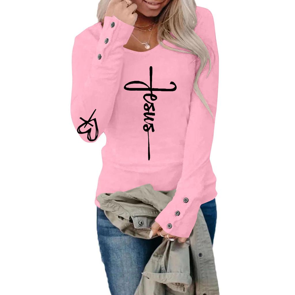 Tshirts For Women Long Sleeve,Round Sleeve Vertical Cross Casual Graphic Shirt,