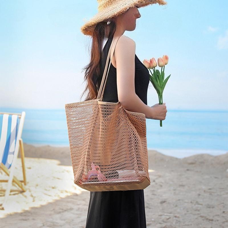 Foldable Mesh Beach Tote Bag Women Large Capacity Lightweight Shoulder Bag Summer Travel Storage Handbag