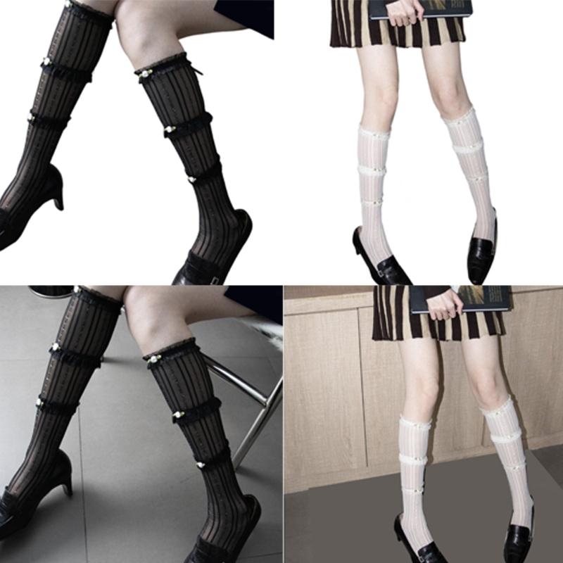 Ruffle Sheer Knee High Socks for Women Girl Stretchy Silk Stockings Student Girls Stockings Tube Socks Nylons Calf Socks