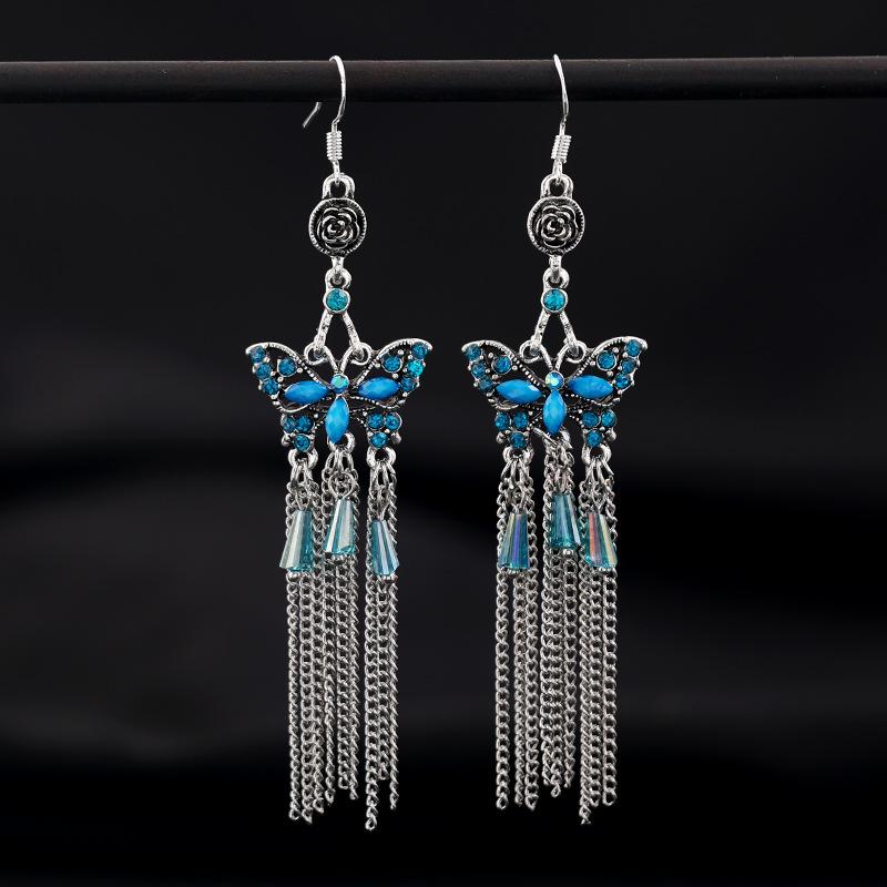 Retro Ethnic Style Butterfly Crystal Fringed Earrings Femininity Versatile Personality Long Earrings Fashion Earrings